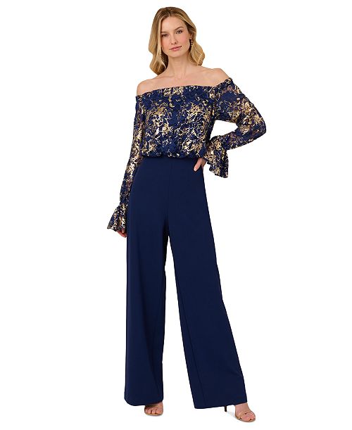 alfani Adrianna Papell Women's Off-The-Shoulder Lace & Crepe Jumpsuit Women's Fashion Shoes & Accessories
