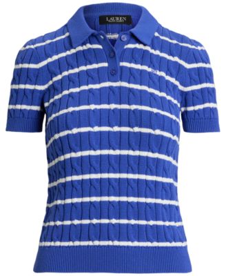 Women's Striped Cable-Knit Cotton Polo Sweater, P/XS-3X