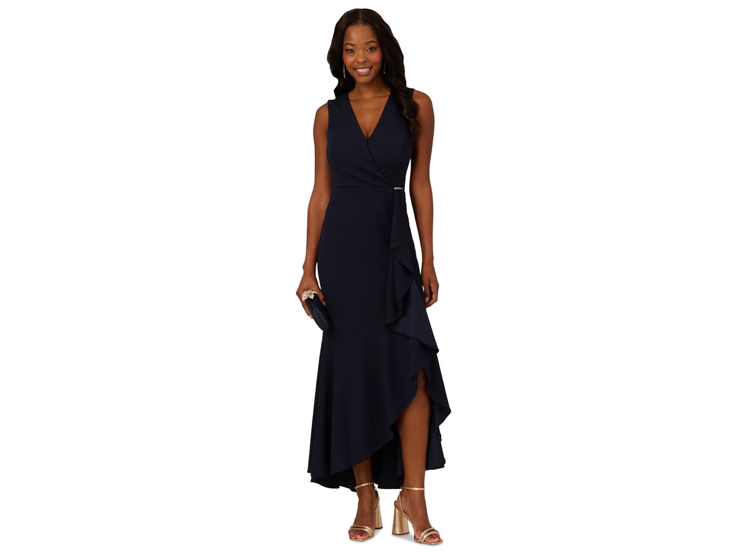 Женское платье Adrianna Papell Ruffled V-Neck High-Low, цвет: Тёмно-синий — фото 1