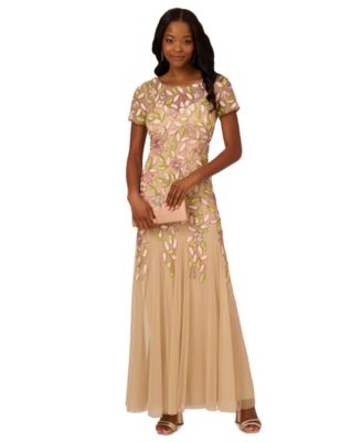 Adrianna Papell - Women's Vine Sequin Short Sleeve Mesh Gown