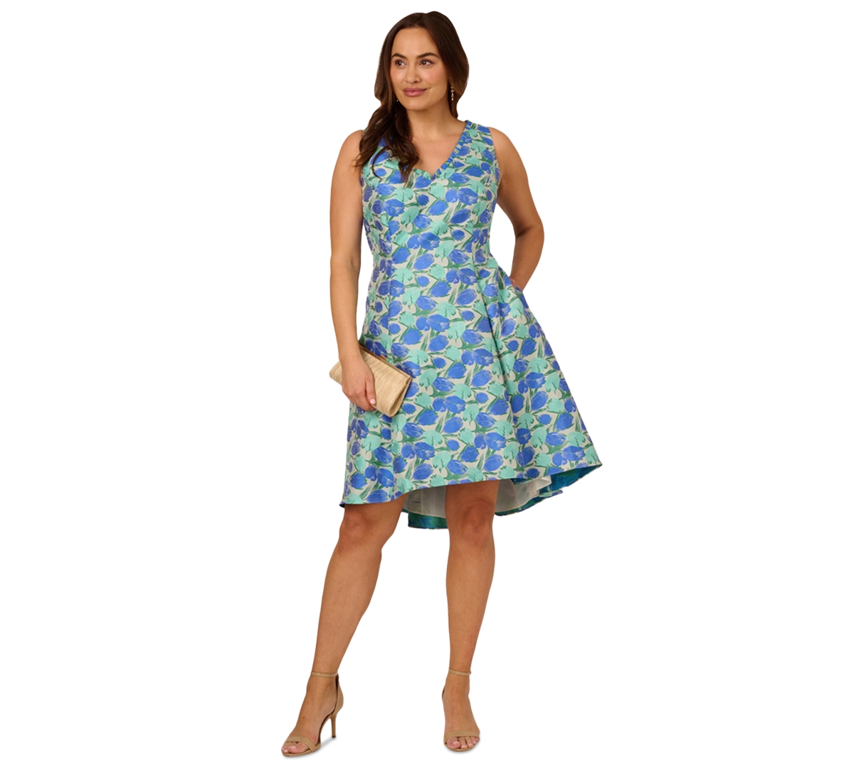 Plus Size Tulip Jacquard Sleeveless Dress - Blue/Green Multi