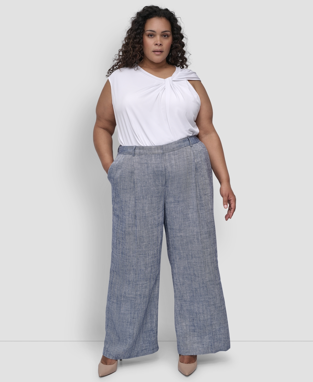 Plus Size High Rise Zip-Front Wide-Leg Pants - Atlantic Blue / Ivory