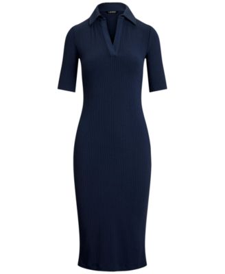 Women's Rib-Knit Elbow-Sleeve Polo Dress