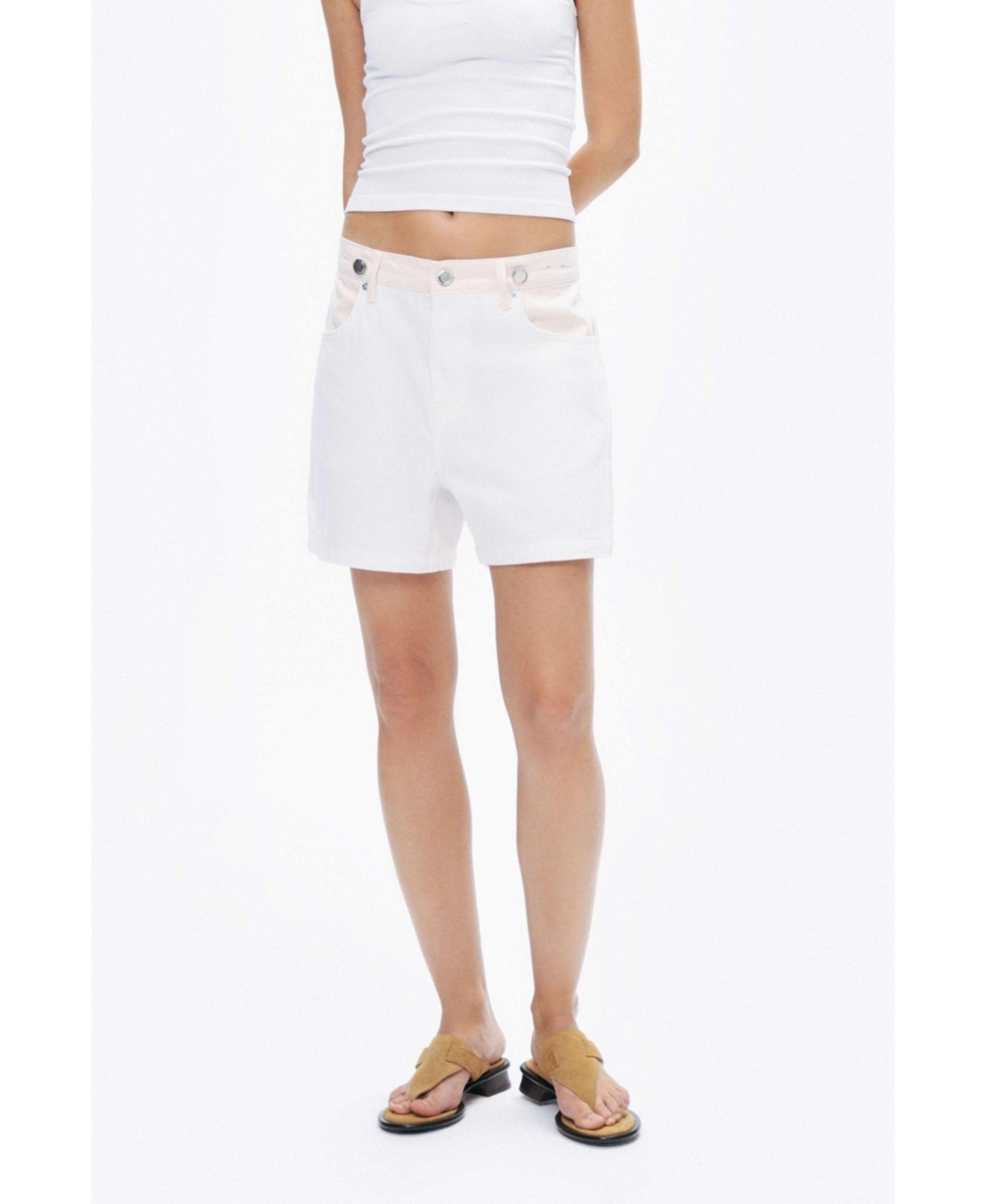 Women's Mini Denim Shorts with Metal Button Accessories - Open white