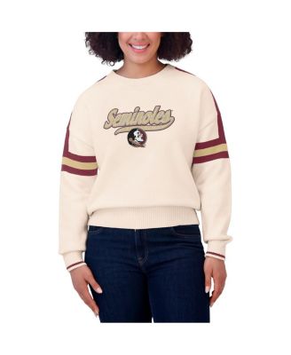 Women's Cream Florida State Seminoles Chenille Woven Patch Stripe Pullover Sweater