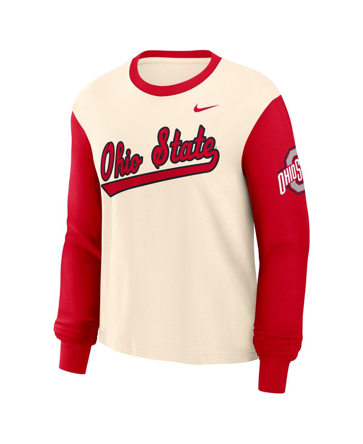 Nike Women's Natural/scarlet Ohio State Buckeyes Color Block Boxy Long Sleeve T-shirt In Natural,scarlet
