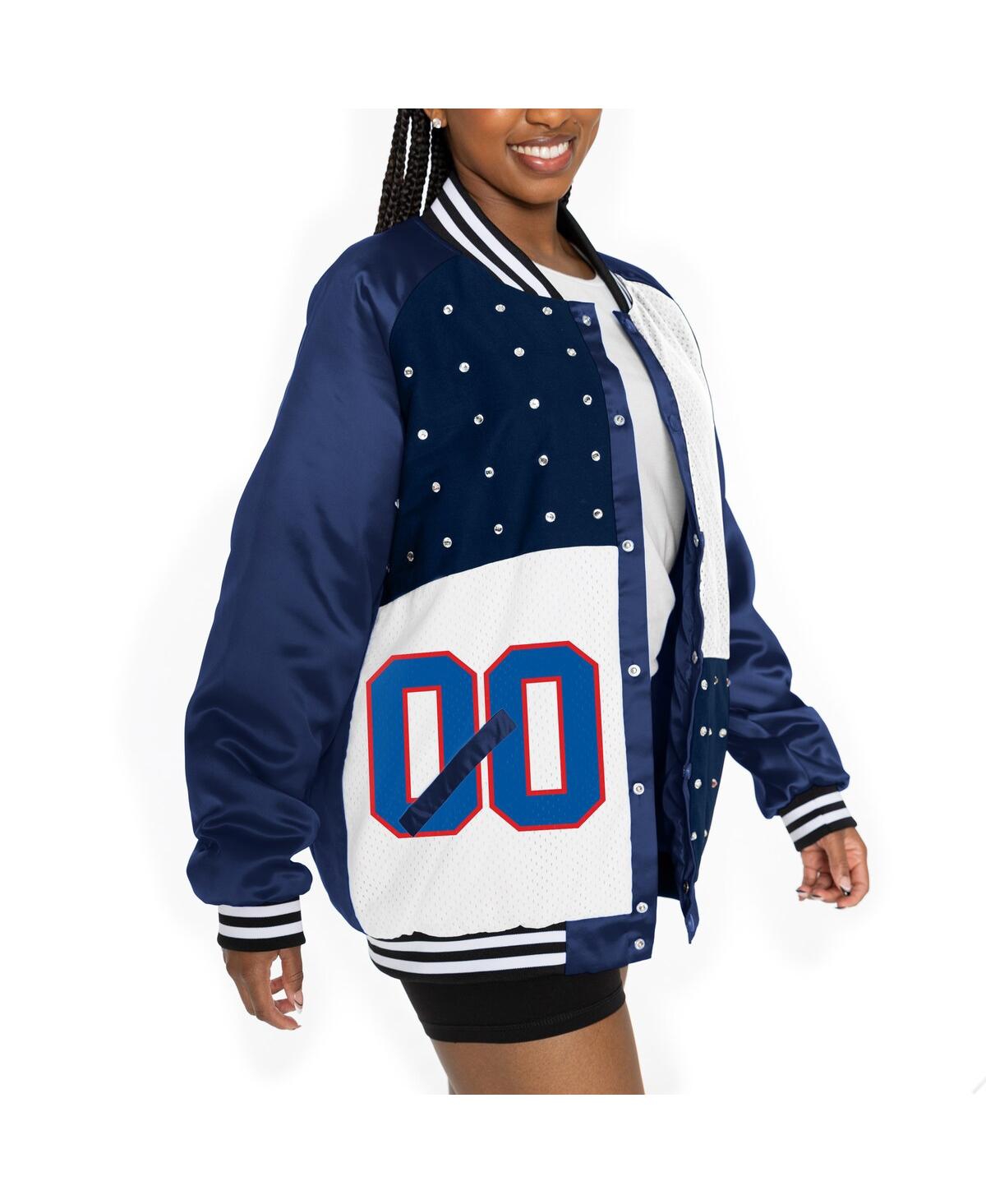 Shop Gameday Couture Women's Navy/white New England Patriots Oversized Hot Shot Rhinestone Throwback Full-snap Varsity Bo In Navy,white