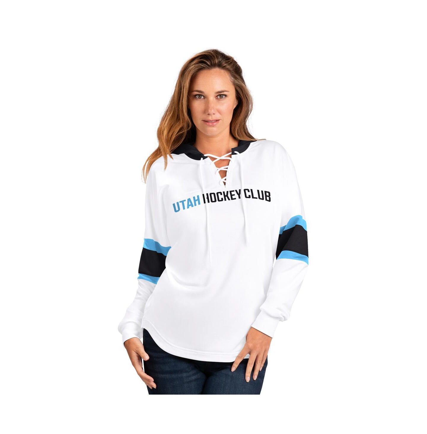 Женское худи G-III 4Her by Carl Banks White Utah Hockey Club Goal Zone Long Sleeve Lace-Up T-Shirt — фото 3