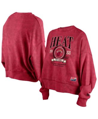New Era - Women's Red Miami Heat Hardwood Classics Enzyme Wash Oversized Boxy Pullover Sweatshirt