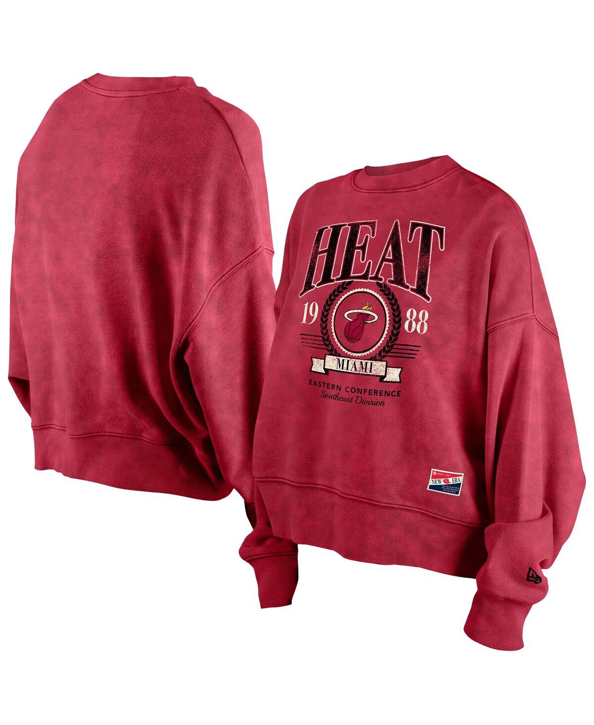 New Era Women's Red Miami Heat Hardwood Classics Enzyme Wash Oversized Boxy Pullover Sweatshirt In Red