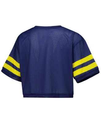 Women's Navy Michigan Wolverines Mesh Cropped V-Neck T-Shirt