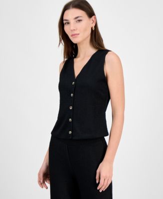 売れ筋商品|||バースリー カットソー トップス レディース Women's Textured Knit V-Neck Button-Front Vest, Exclusively at Macy's Black Bar III Women's Textured Knit V-Neck Button-Front Vest
