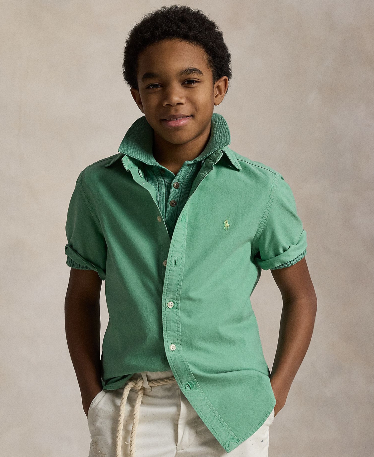 Polo Ralph Lauren Big Boys Oxford Short-sleeve Shirt In Haven Green,banana Peel