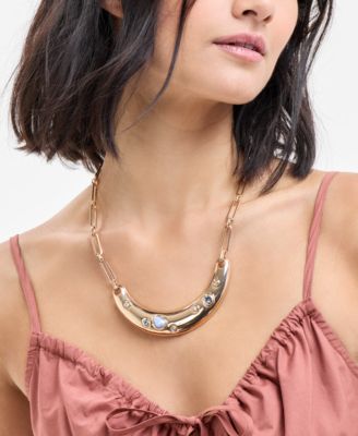 Gold-Tone Crystal & Imitation Pearl Curved Bar Statement Necklace, 16-1/2" + 3" extender, Exclusively at Macy's