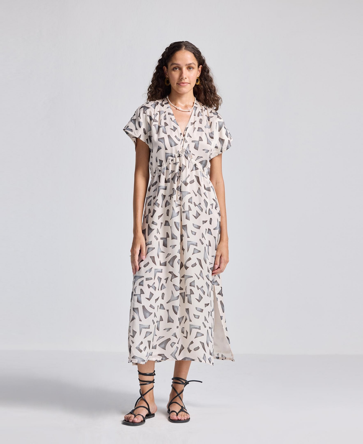 Women's Gathered Maxi Dress with Side Slits in Mosaic - White