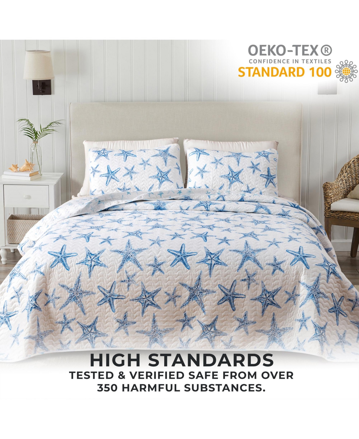 Linery & Co. Blue Starfish Microfiber Quilt Set With Shams