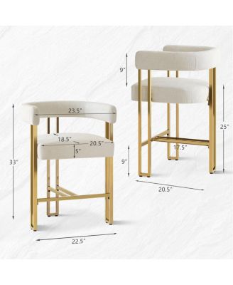 Set of 2 Counter Height Stools, 25" Upholstered Chairs with Gold Metal Legs, Curved Back & Armrests-Maison Boucle