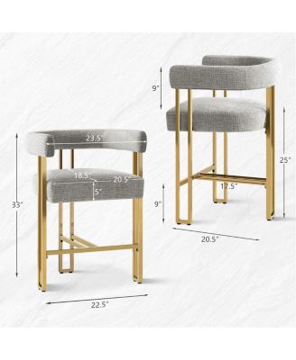 Set of 2 Counter Height Stools, 25" Upholstered Chairs with Gold Metal Legs, Curved Back & Armrests-Maison Boucle