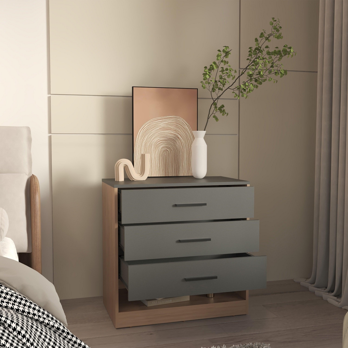 Artondale Dresser, 3 Drawers, 1 Shelf, Matt Gray / Natural Oak