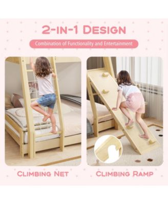 Twin Over Queen Bunk Bed Wooden Kids Bed with Climbing Nets and Ramp