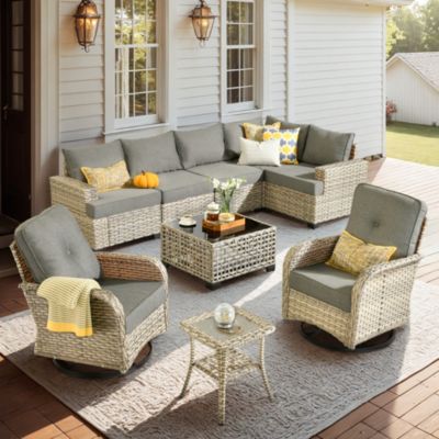 9 Pieces Outdoor Patio Furniture Set,Rattan Sectional Sofa Couch,Outside Coversation Set with Extra Deep Swivel Chairs and Solar Coffee Table for Porch Balcony Backyard Deck Poolside