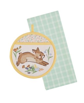 Spring Bunny Cotton Potholder and Dishtowel Gift Set