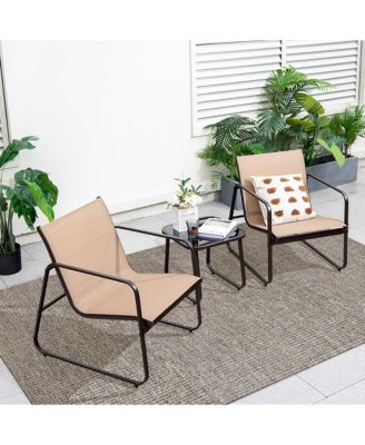 3 Pieces Patio Conversation Set Outdoor Metal Chair & Table Tempered Glass Top