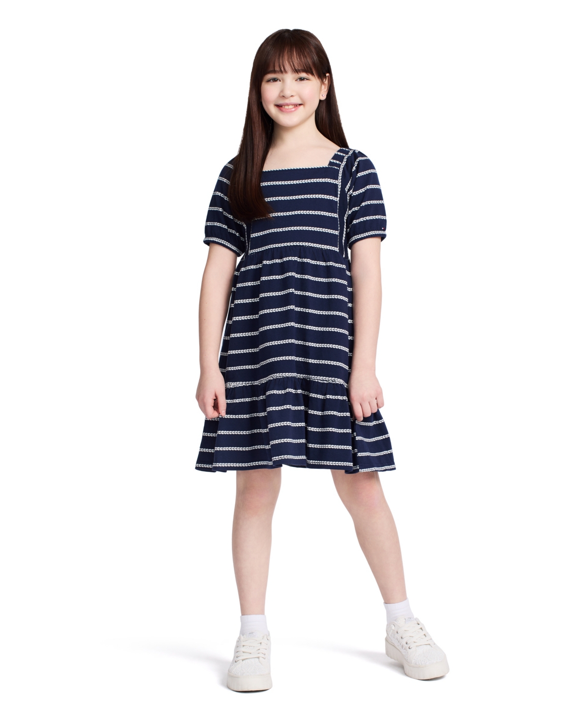 Tommy Hilfiger Big Girls Rope Stripe Tiered Short Sleeve Dress In Dark Blue