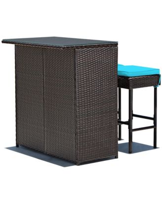 3PCS Patio Rattan Wicker Bar Table Stools Dining Set Cushioned Chairs