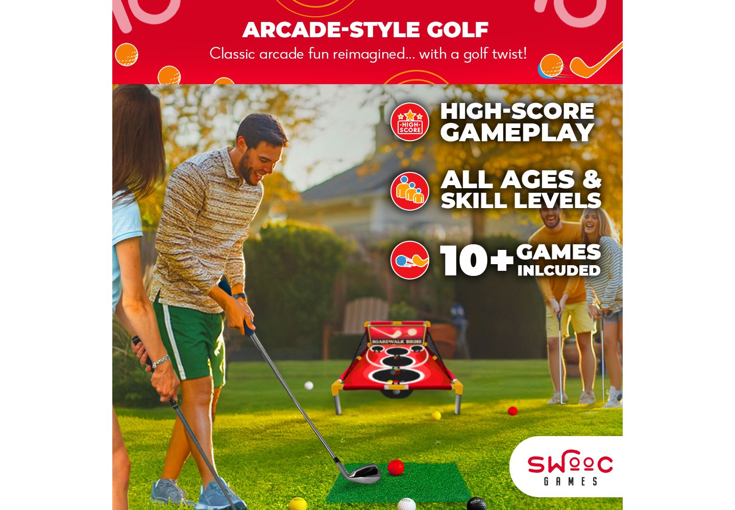 Детская игрушка SWOOC Boardwalk Birdie Arcade-Style Golf Chipping Game with 10+ Games, For 2-8 Players, Ages 5+, цвет: Красный — фото 2