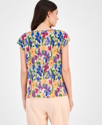 Women's Floral-Print Plisse Blouse
