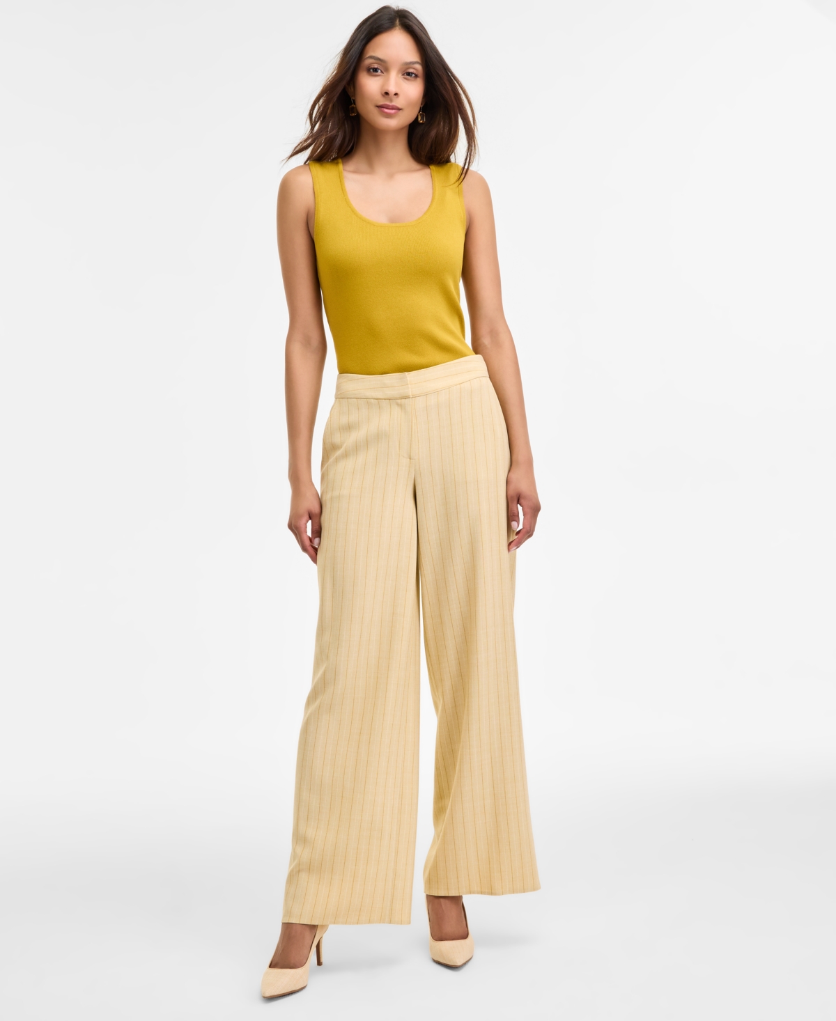 Pinstriped Mid Rise Wide-Leg Pants - Ochre