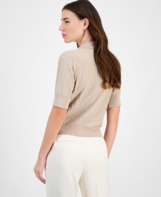 Stripe-Textured Knit Button-Front Top