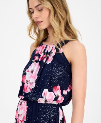 Robbie Bee Petite Floral-Print Pleat-Neck Jersey Dress - Macy's