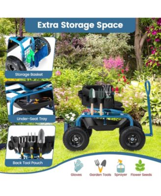 Cushioned Rolling Garden Cart Scooter with Storage Basket and Tool Pouch