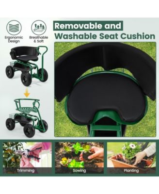 Cushioned Rolling Garden Cart Scooter with Storage Basket and Tool Pouch