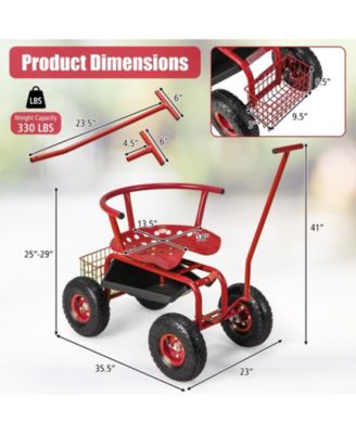  16.5&amp;#x22;-20.5&amp;#x22; Rolling Garden Cart with Height Adjustable Swivel Seat and Storage Basket