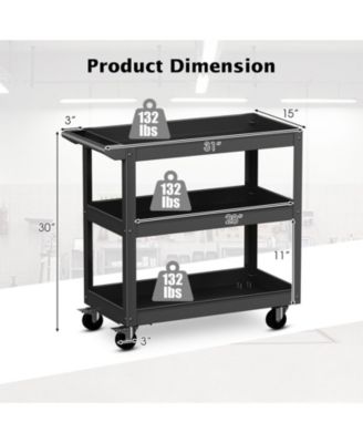 3-Tier Metal Utility Cart Trolley Tool with Flat Handle and 2 Lockable Universal Wheels