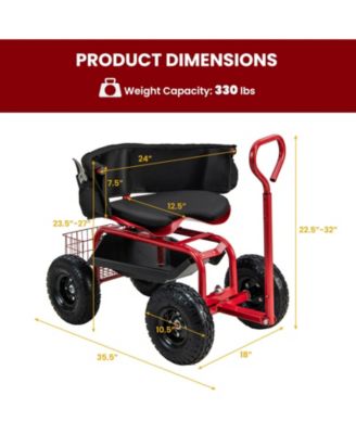 Cushioned Rolling Garden Cart Scooter with Storage Basket and Tool Pouch