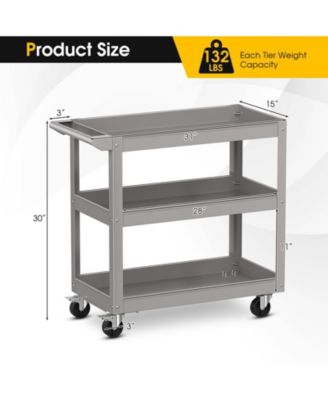 3-Tier Metal Utility Cart Trolley Tool with Flat Handle and 2 Lockable Universal Wheels