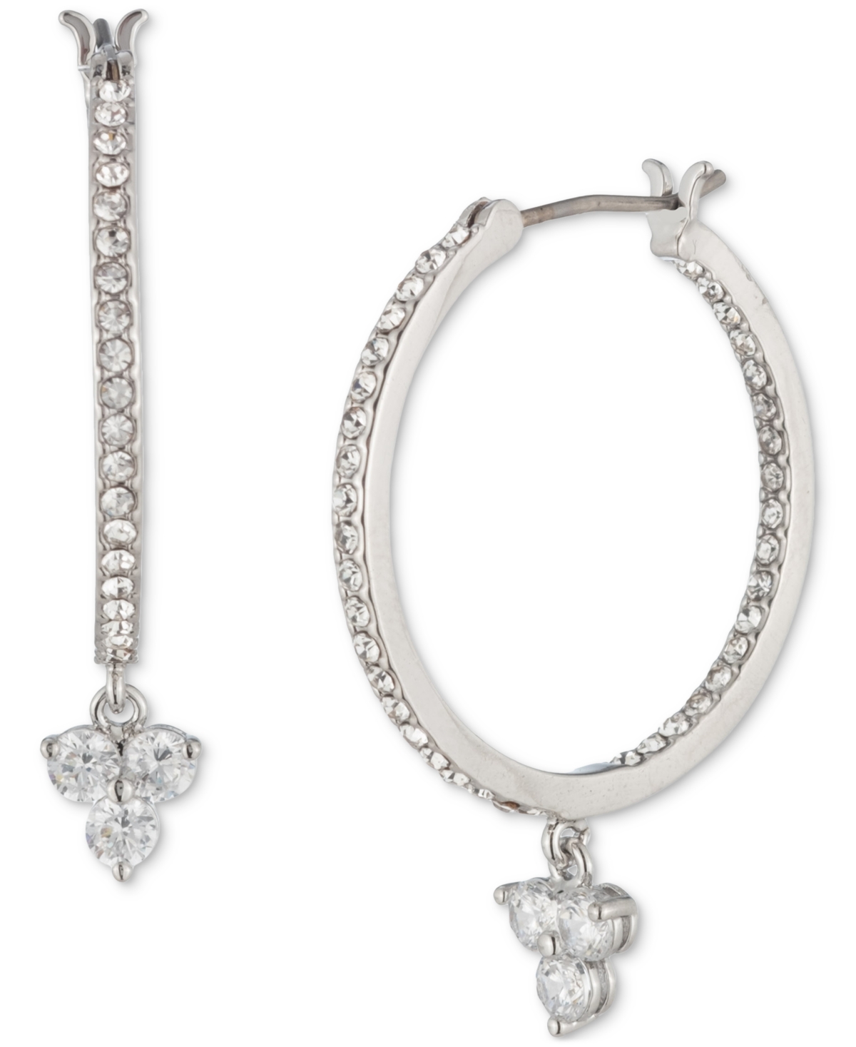 Silver-Tone Crystal Trio Charm Hoop Earrings - Crystal White
