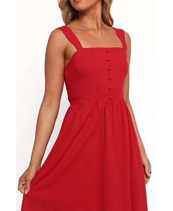winter dress red Scarlet Button Dress with Square Neck – Vintage Fairytale Winter Outfit Red / XS