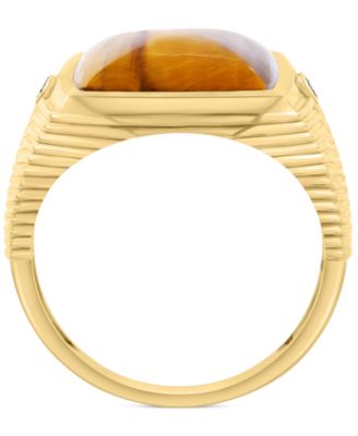 EFFY&reg; Men's Tiger Eye & Diamond Accent Cushion Textured Ring in 14k Gold
