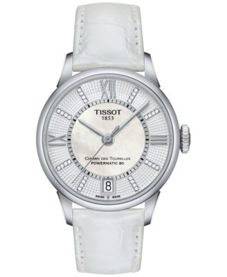 Women's Swiss Automatic Chemin Des Tourelles Diamond Accent White Leather Strap Watch 32mm T0992071611600