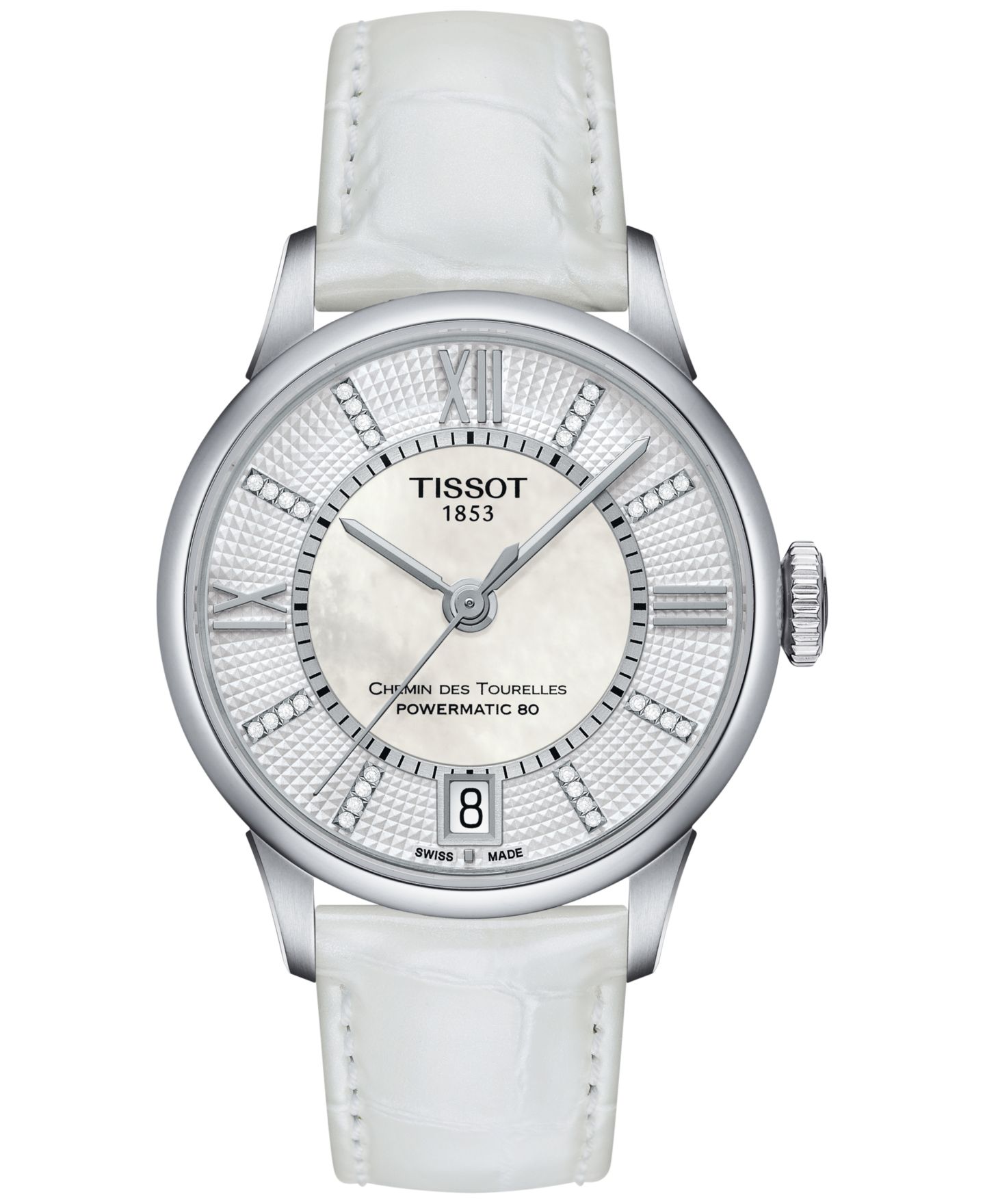 Женские часы Tissot Swiss Automatic Chemin Des Tourelles Diamond Accent White Leather Strap Watch 32mm T0992071611600 — фото 1