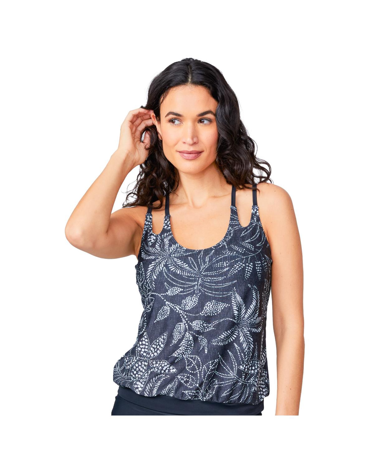 Women's Double Strap Cut Out Blouson Tankini Top - Black batik bloom