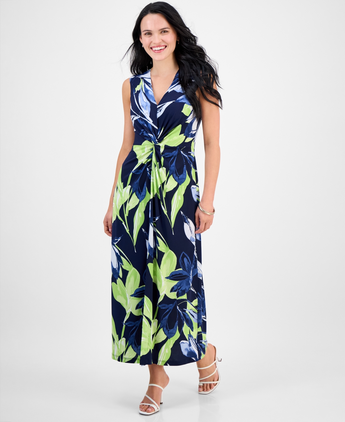 Petite Twisted-Front Floral-Print Maxi Dress - Navy