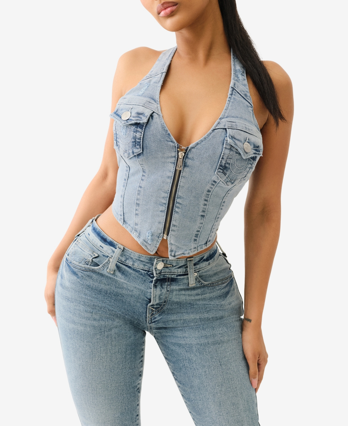 TRUE RELIGION WOMEN'S ZIP FRONT HALTER DENIM TOP 