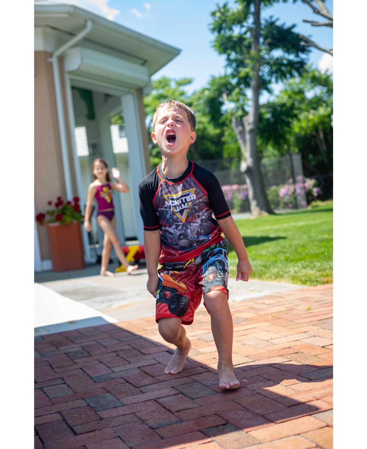 Monster Jam Toddler Boys Pullover Rash Guard and Swim Trunks Outfit Set