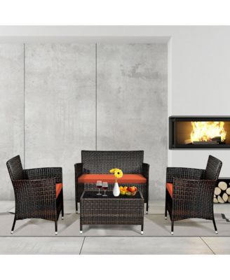 Set of 4 Outdoor Patio Rattan Conversation Furniture Set w/ Cushion Table